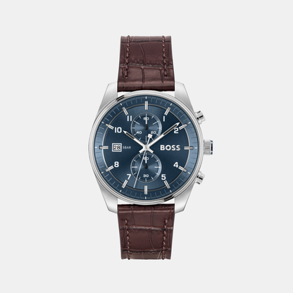 Boss Skytraveller Men Quartz Blue Dial Chronograph Leather Watch 1514194