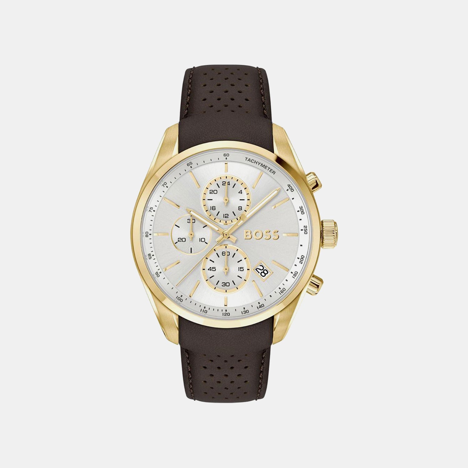 Boss Grand Prix 44 Men Quartz Silver Dial Chronograph Leather Watch 1514225