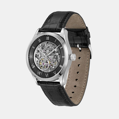 Boss Principle Skeleton Men Automatic Black Dial Analog Leather Watch 1514234