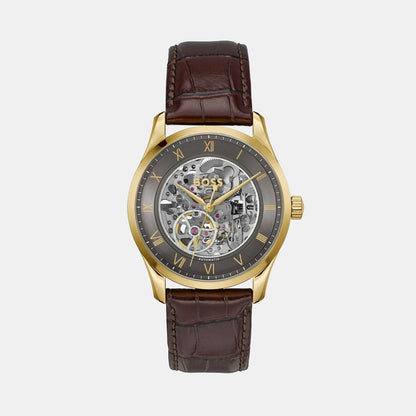 Boss Principle Skeleton Men Automatic Grey Dial Analog Leather Watch 1514235