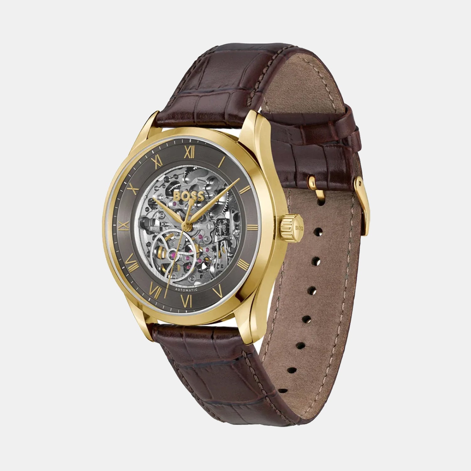 Boss Principle Skeleton Men Automatic Grey Dial Analog Leather Watch 1514235