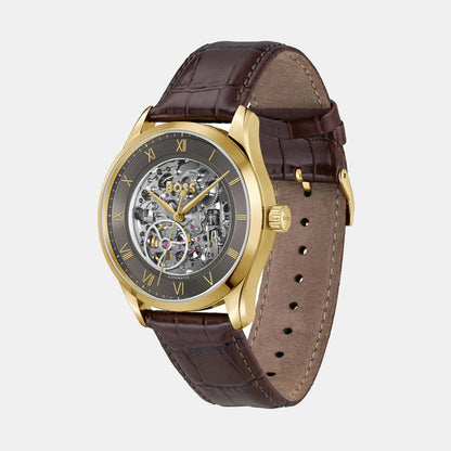Boss Principle Skeleton Men Automatic Grey Dial Analog Leather Watch 1514235