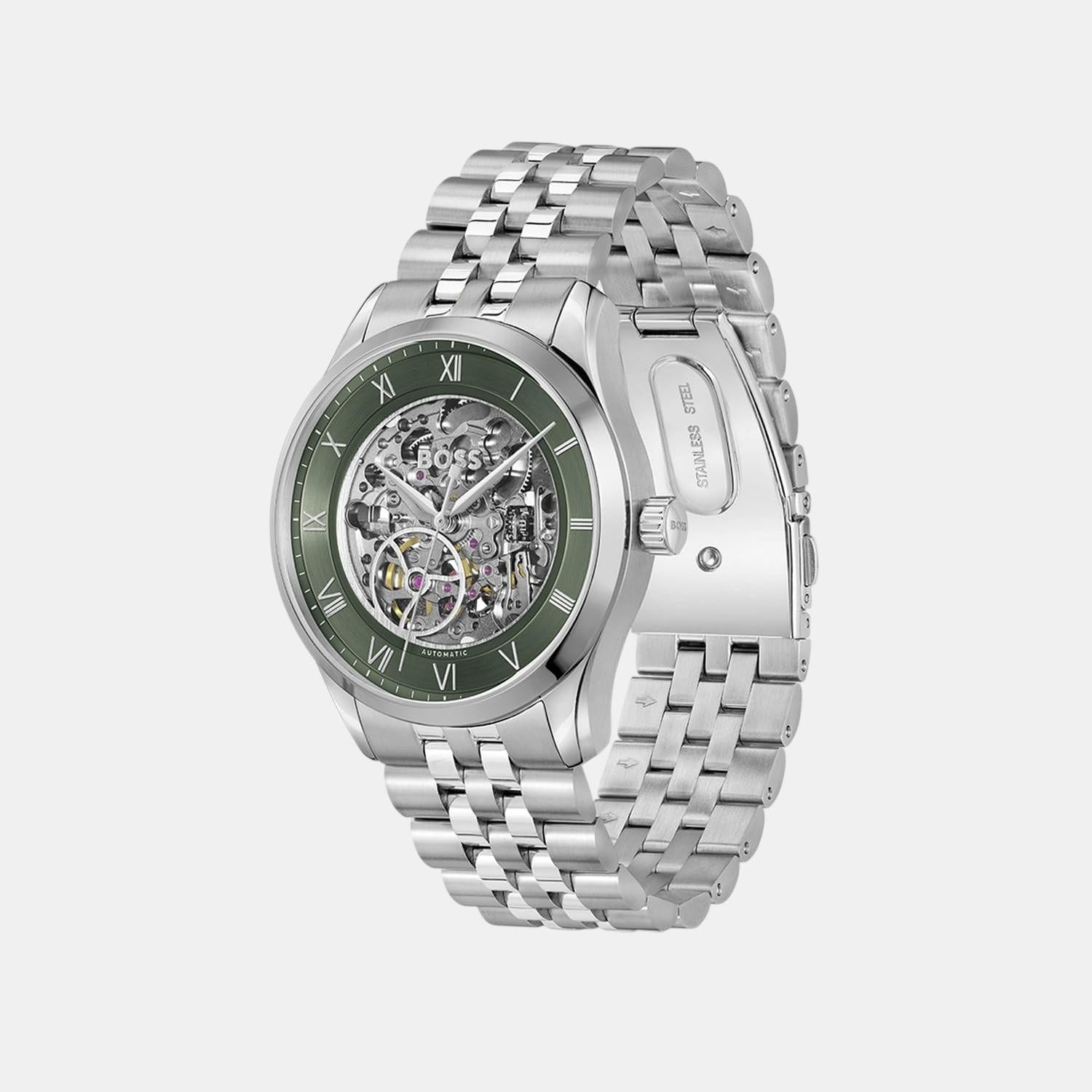 Boss Principle Skeleton Men Automatic Green Dial Analog Stainless Steel Watch 1514236