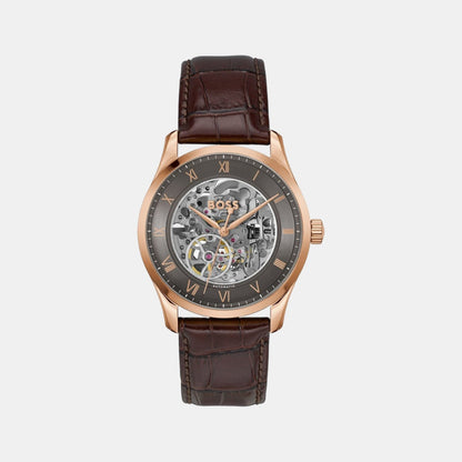 Boss Principle Skeleton Men Automatic Grey Dial Analog Leather Watch 1514253