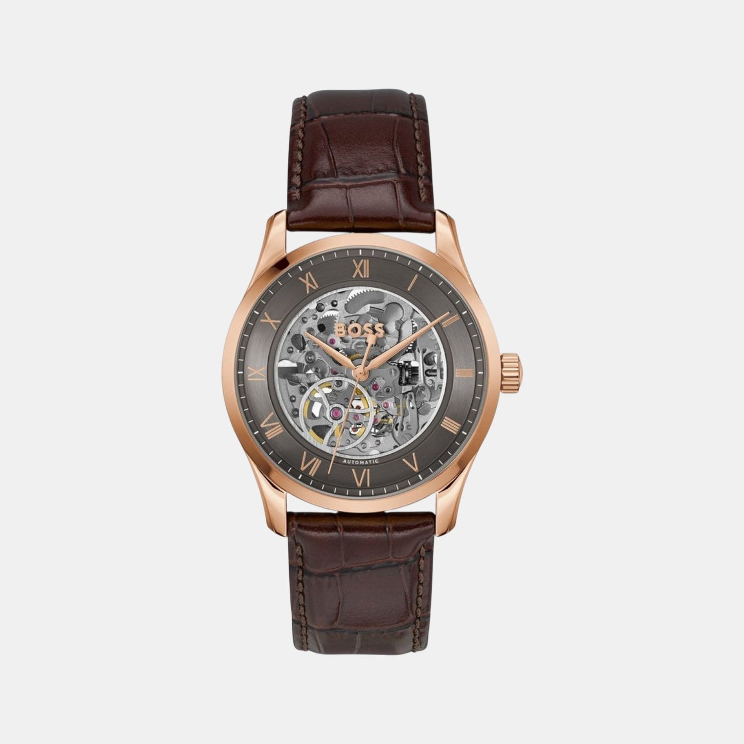Boss Principle Skeleton Men Automatic Grey Dial Analog Leather Watch 1514253