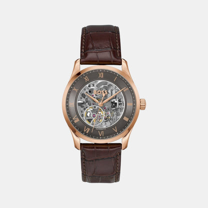 Boss Principle Skeleton Men Automatic Grey Dial Analog Leather Watch 1514253