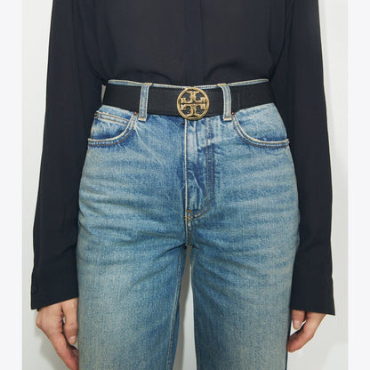 Tory Burch 1.5" Miller Reversible Belt Gray Heron / Black / Silver