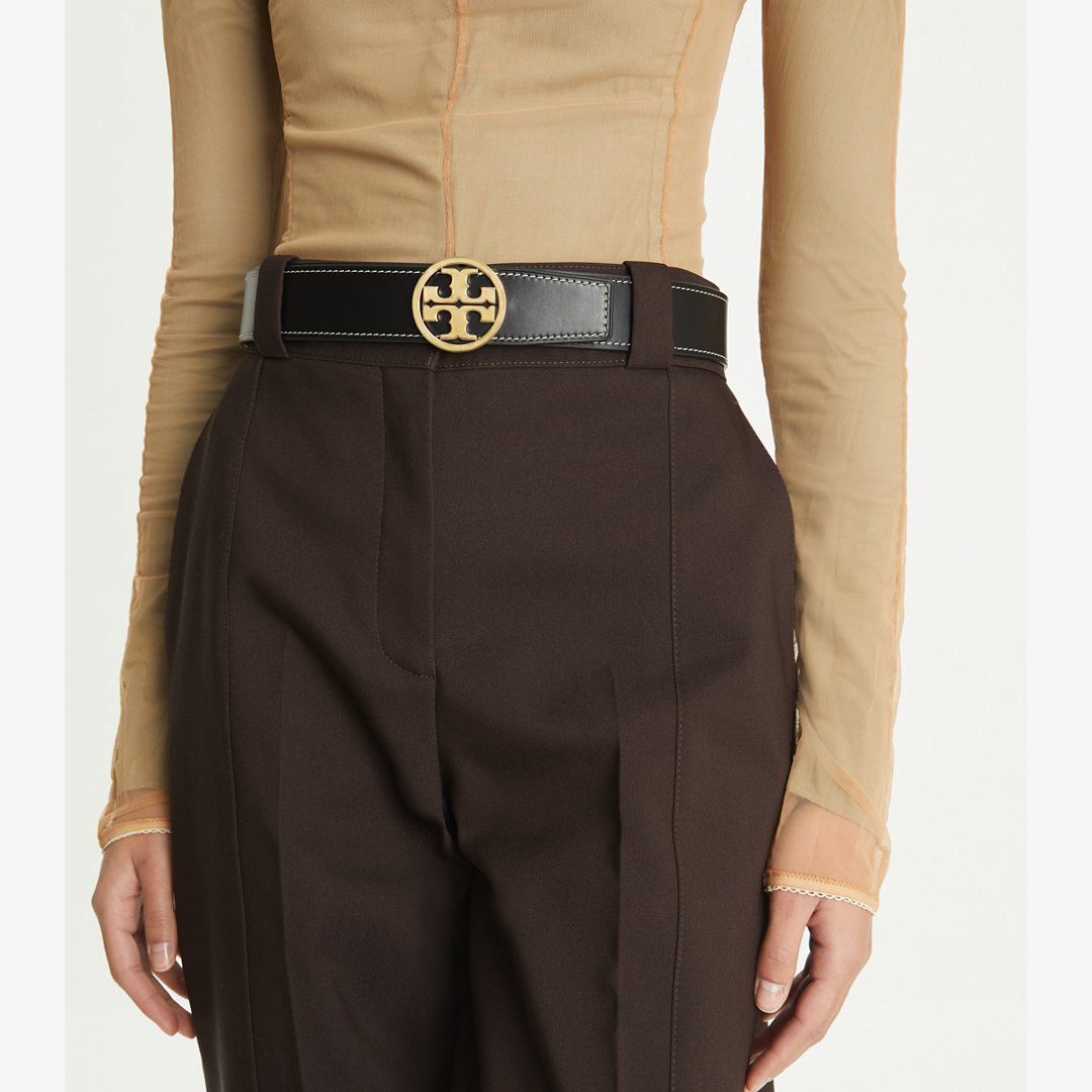 Tory Burch 1.5" Miller Smooth Reversible Belt Black / Malt Whiskey / Gold