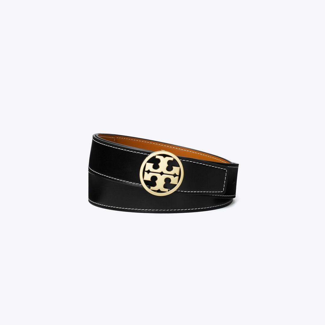 Tory Burch 1.5" Miller Smooth Reversible Belt Black / Malt Whiskey / Gold