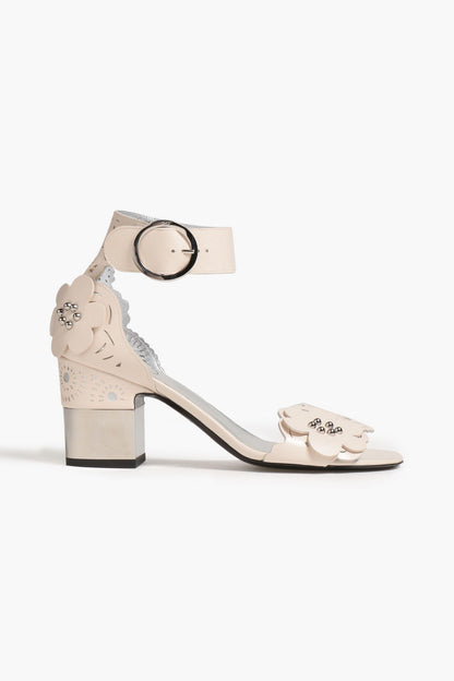 Roger Vivier Studded Laser-Cut Leather Sandals Ecru Women's