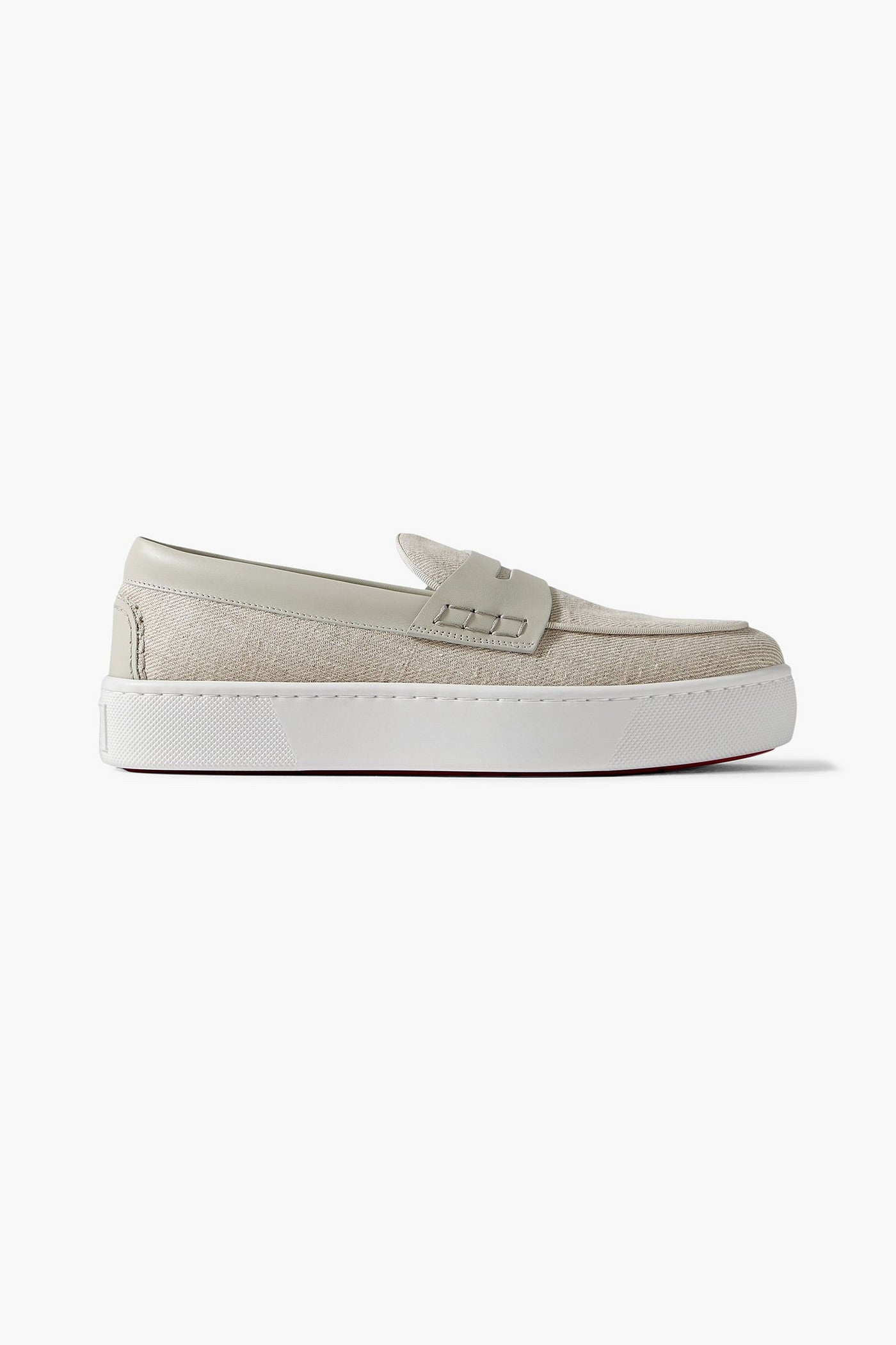 Christian Louboutin PaqueboatLeather-Trimmed Linen-Canvas Penny Loafers Light Gray