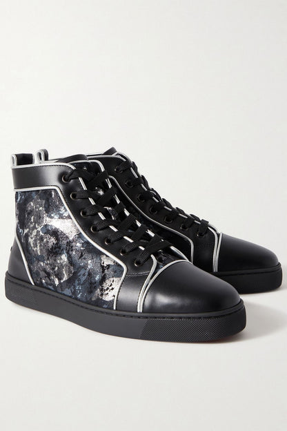 Christian Louboutin Louis Metallic Camouflage-Print Leather High-Top Sneakers Black