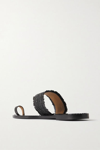 Amanu The Shela Fringed Braided Leather Slides Black Women's