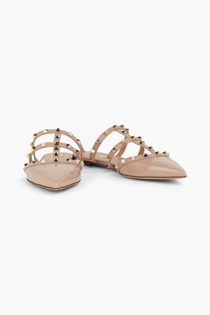 Valentino Garavani Rockstud Smooth And Patent-Leather Slippers Neutral Women's