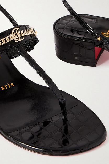 Christian Louboutin Mj Embellished Croc-Effect Patent-Leather Sandals Black Women's