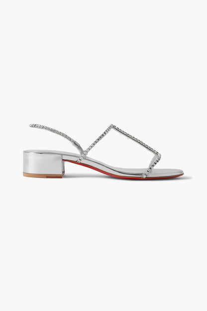 Christian Louboutin Simple Queenie 25 Crystal-Embellished Metallic Leather Slingback Sandals Silver Women's