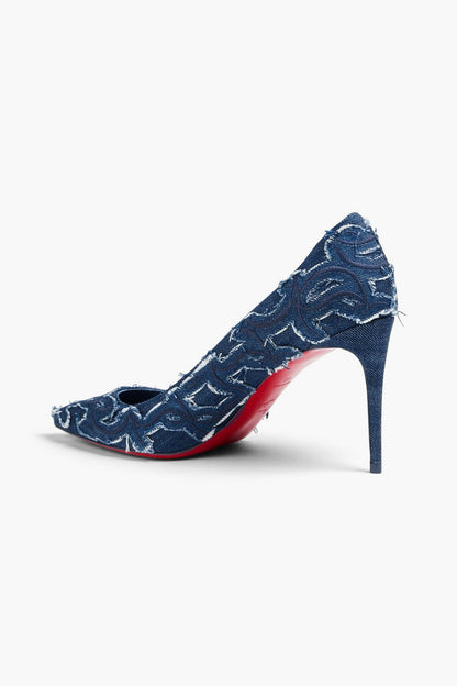 Christian Louboutin Kate 85 Embroidered Distressed Denim Pumps Mid Denim Women's