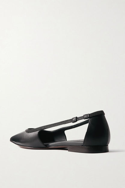 Brunello Cucinelli Bead-Embellished Leather Point-Toe Flats Black Women's