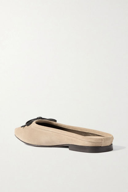 Brunello Cucinelli Bow-Detailed Suede Slippers Beige Women's