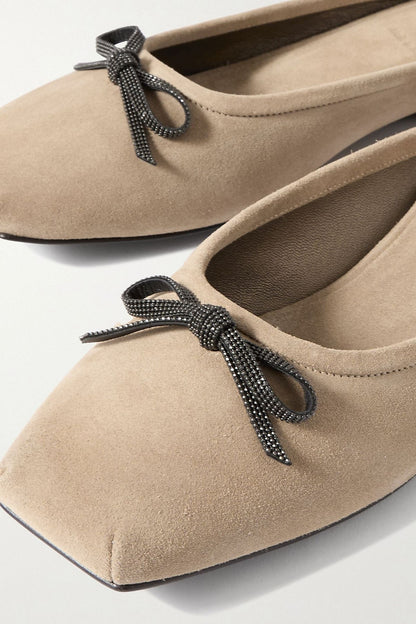 Brunello Cucinelli Bow-Detailed Suede Slippers Beige Women's