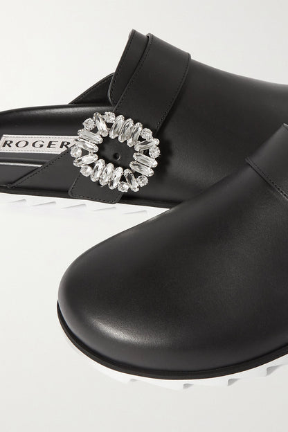 Roger Vivier Slidy Strass Crystal-Embellished Leather Slippers Black Women's