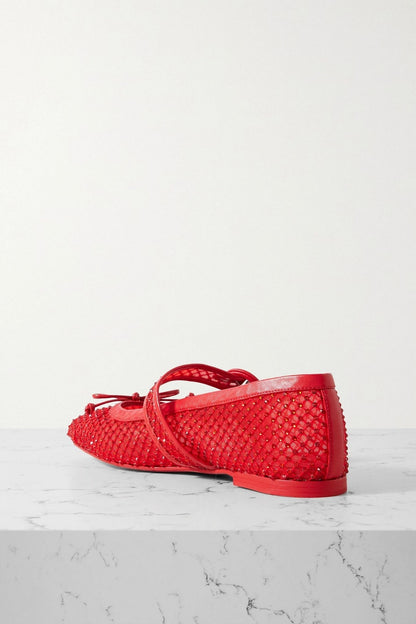 Christian Louboutin Mamastrapitina Crystal-Embellished Leather-Trimmed Mesh Mary Jane Flats Red Women's