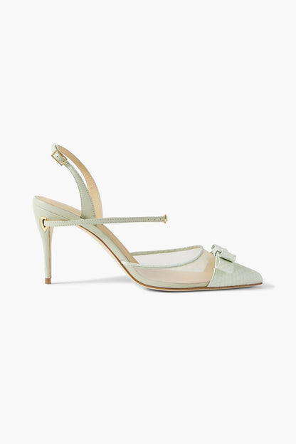 Jennifer Chamandi Vittorio 85 Mesh And Leather-Trimmed Elaphe Slingback Pumps Light Green Women's
