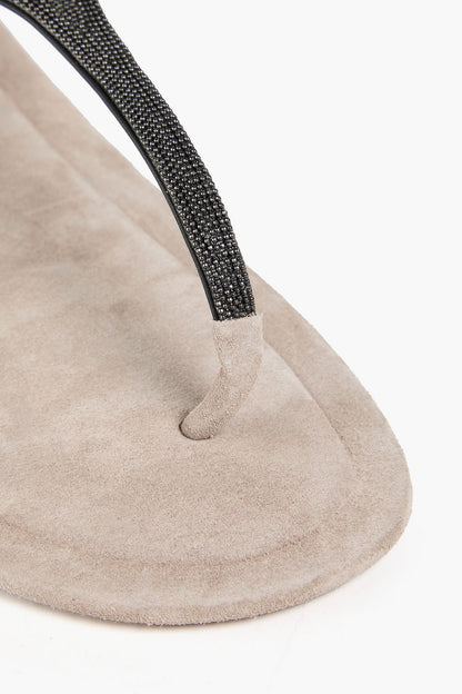 Brunello Cucinelli Bead-Embellished Suede Sandals Stone Women's