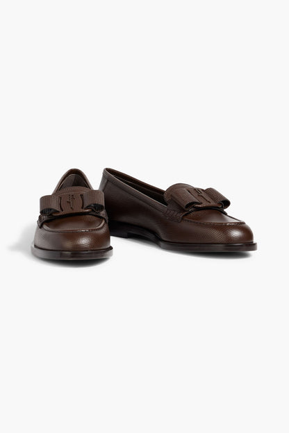Ferragamo Vivaldo Bow-Detailed Lizard-Effect Leather Loafers Dark Brown Women's