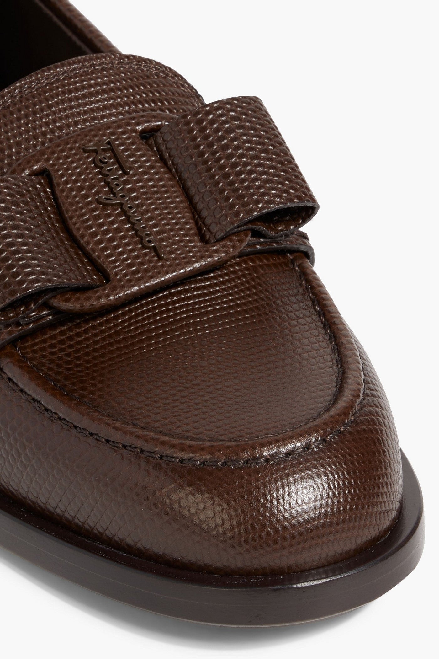 Ferragamo Vivaldo Bow-Detailed Lizard-Effect Leather Loafers Dark Brown Women's
