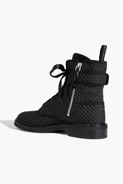 Roger Vivier Viv Buckled Metallic Jacquard Combat Boots Charcoal Women's