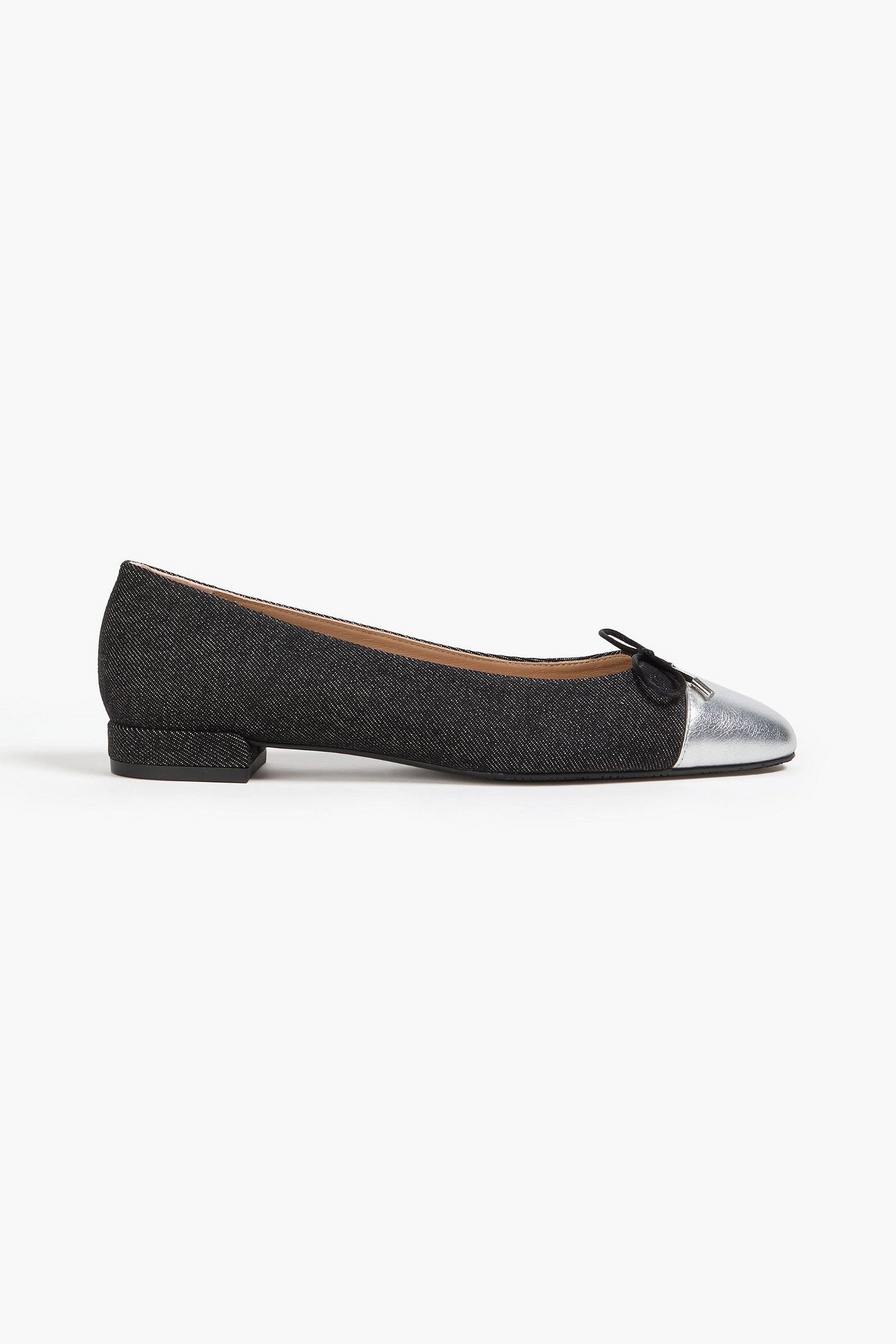 Stuart Weitzman Sleek Metallic Leather-Trimmed Denim Ballet Flats Black Women's