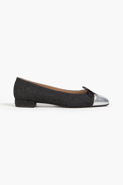 Stuart Weitzman Sleek Metallic Leather-Trimmed Denim Ballet Flats Black Women's