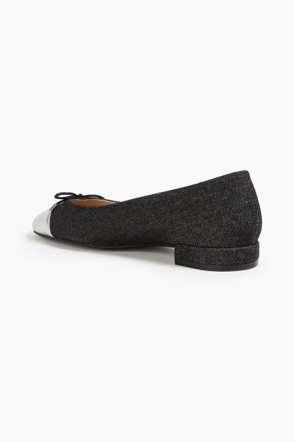 Stuart Weitzman Sleek Metallic Leather-Trimmed Denim Ballet Flats Black Women's