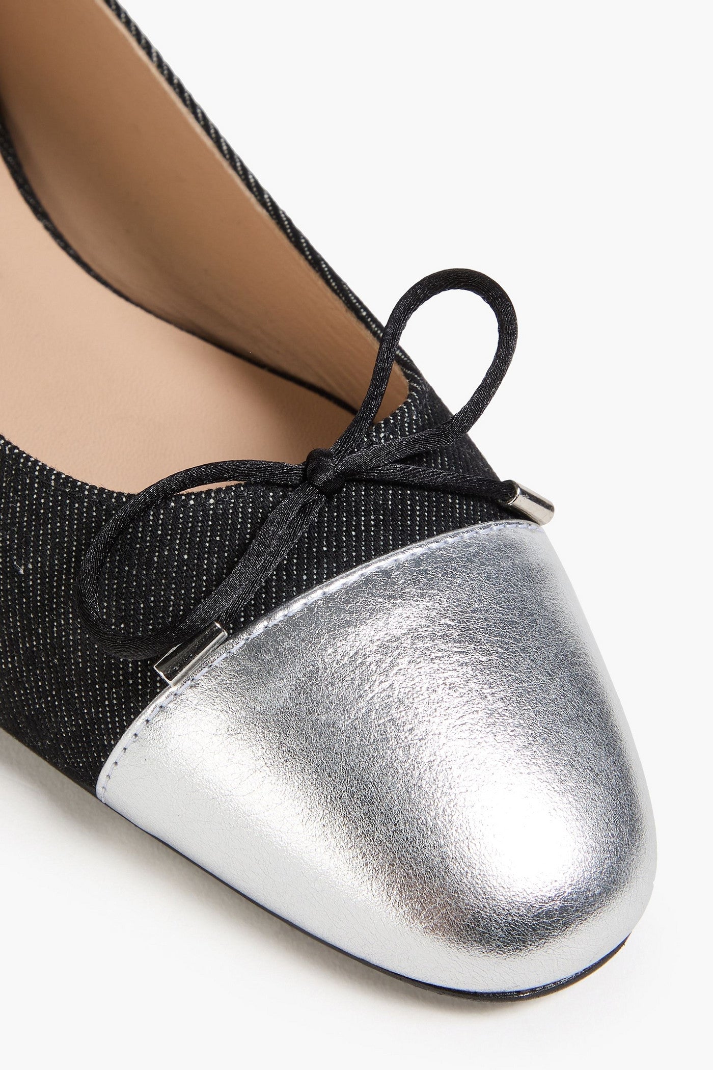 Stuart Weitzman Sleek Metallic Leather-Trimmed Denim Ballet Flats Black Women's
