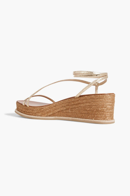 Jimmy Choo Drive 60 Metallic Cracked-Leather Wedge Sandals Gold Women's