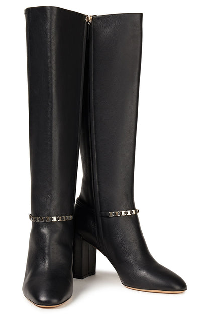 Ferragamo Triba 85 Chain-Trimmed Leather Knee Boots Black Women's