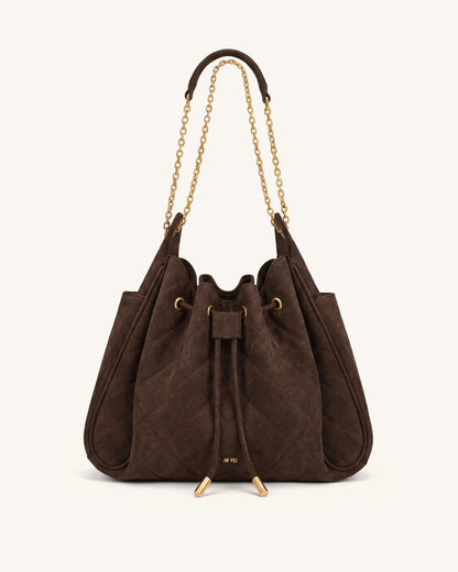 Jw Pei Rowan Faux Suede Quilted Chain Bucket Bag Dark Brown
