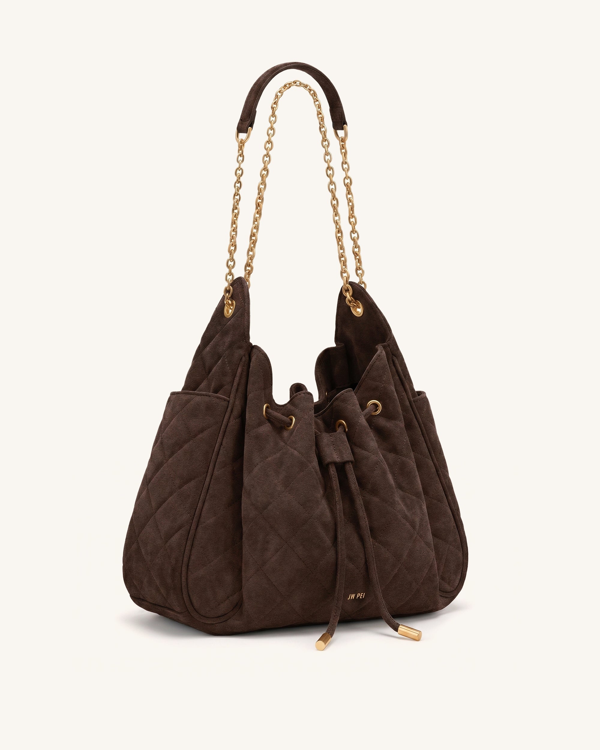 Jw Pei Rowan Faux Suede Quilted Chain Bucket Bag Dark Brown