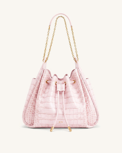 Jw Pei Rowan Ruched Drawstring Chain Bucket Bag Pink Croc