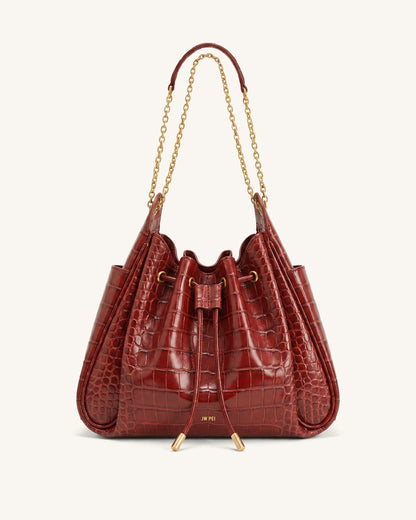Jw Pei Rowan Ruched Drawstring Chain Bucket Bag Dark Red Croc