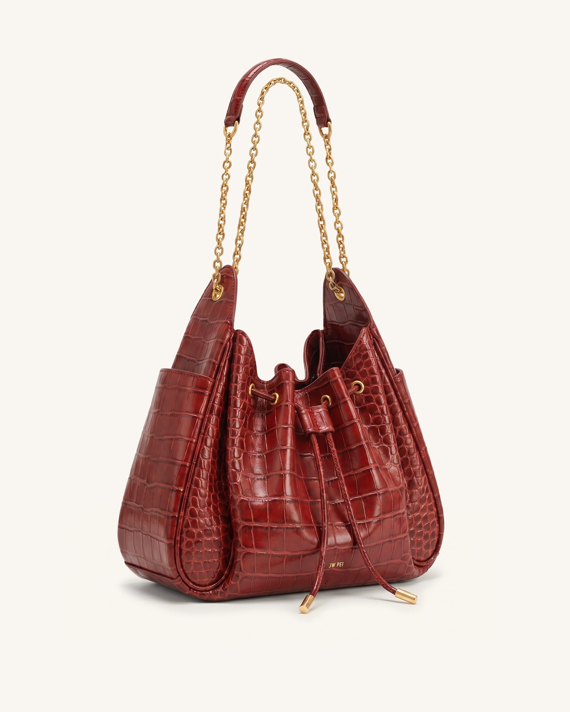 Jw Pei Rowan Ruched Drawstring Chain Bucket Bag Dark Red Croc