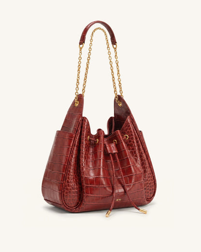 Jw Pei Rowan Ruched Drawstring Chain Bucket Bag Dark Red Croc