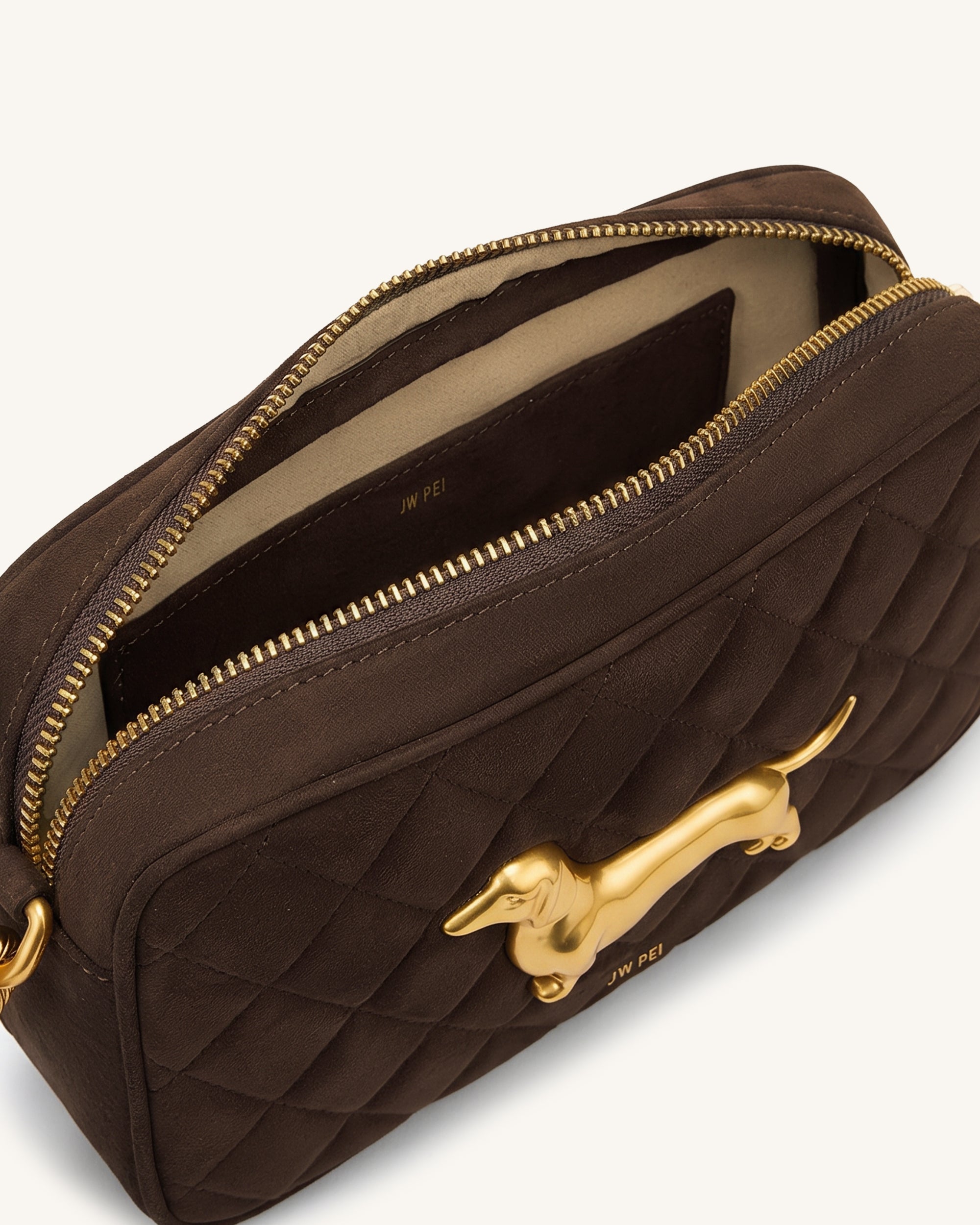Jw Pei Riley Faux Suede Dachshund Quilted Shoulder Bag Dark Brown