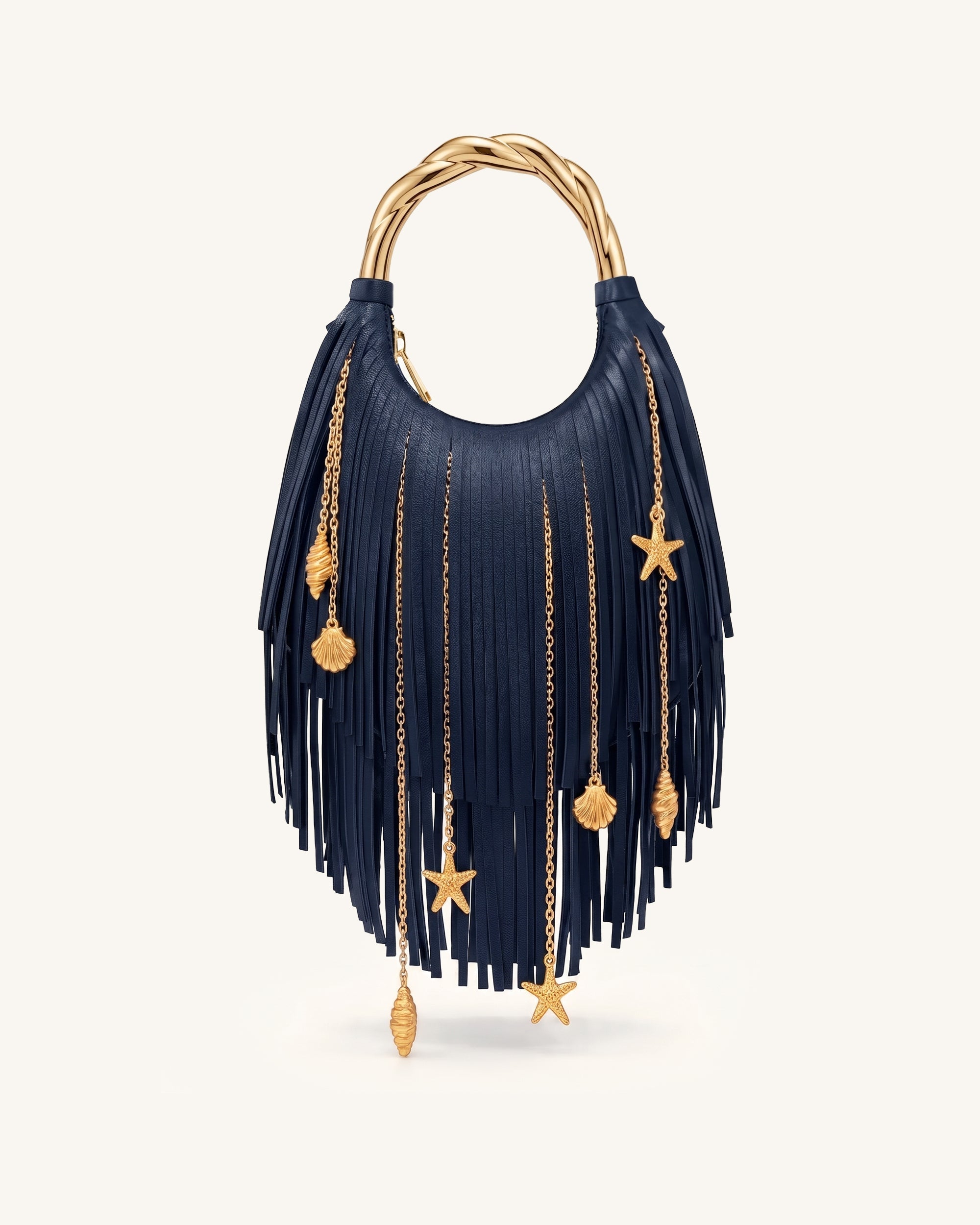 Jw Pei Chloe Metal Handle Fringe Top Handbag Navy Blue