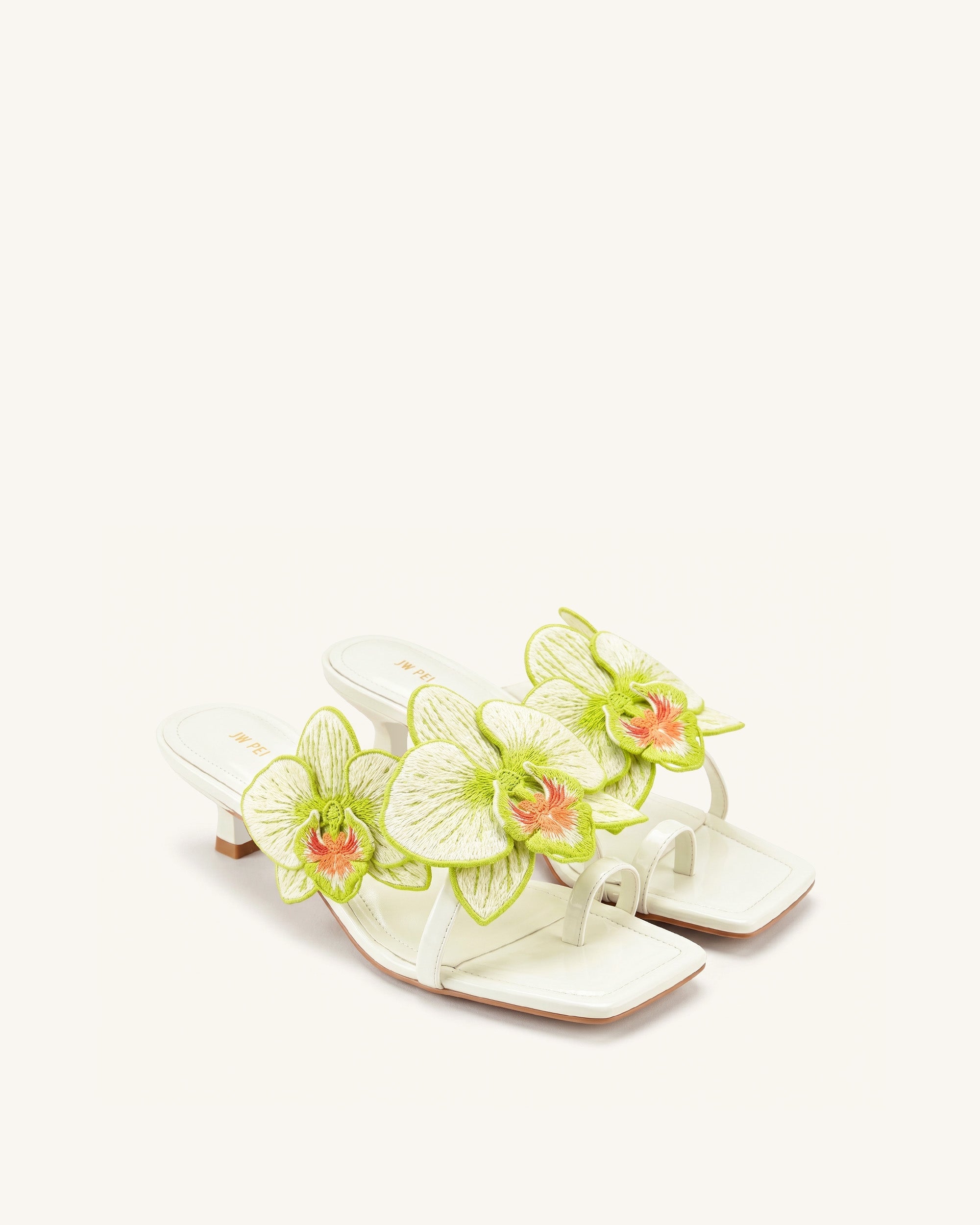 Jw Pei Serena Orchid Embroidered Toe Ring Heeled Sandals Ivory Green