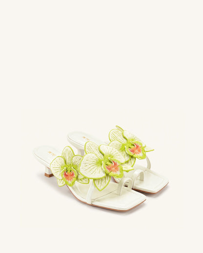 Jw Pei Serena Orchid Embroidered Toe Ring Heeled Sandals Ivory Green