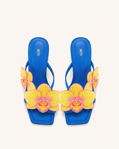 Jw Pei Serena Orchid Embroidered Toe Ring Heeled Sandals Royal Blue