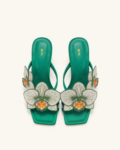 Jw Pei Serena Orchid Embroidered Toe Ring Heeled Sandals Emerald Green