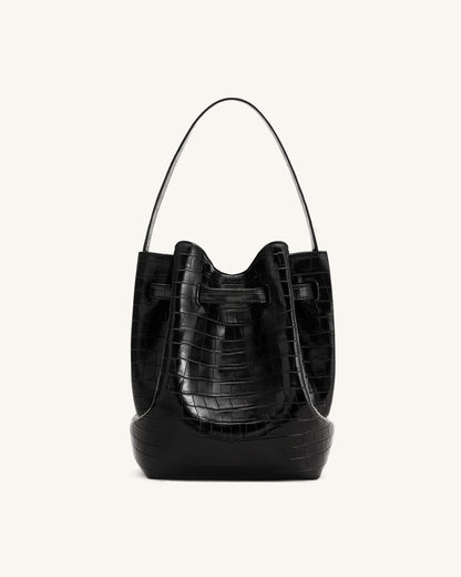 Jw Pei Clara Lock Accent Bucket Shoulder Bag Black Croc